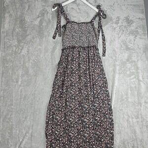 Angie Smocked Floral Maxi Sundress Large Black Boho Beach